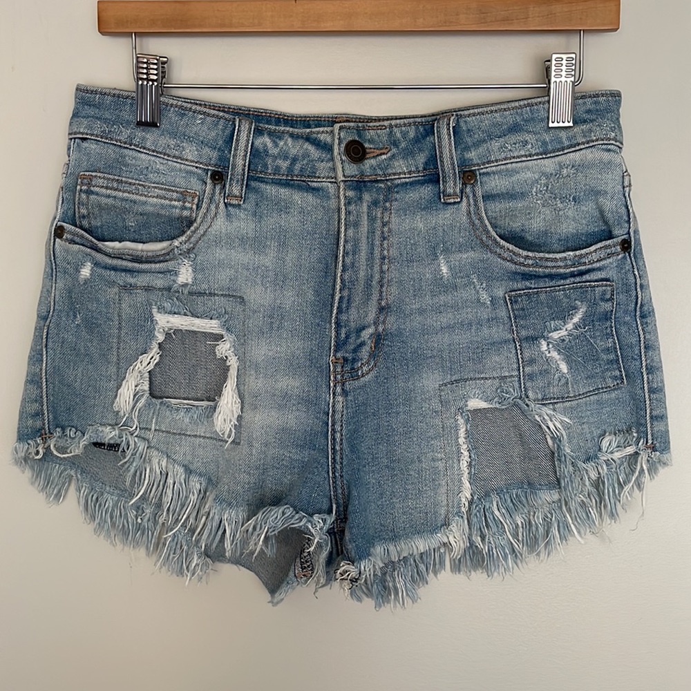 Eunina Lulu High Rise Cut Off Patched Distressed Raw Hem Shortie Size M